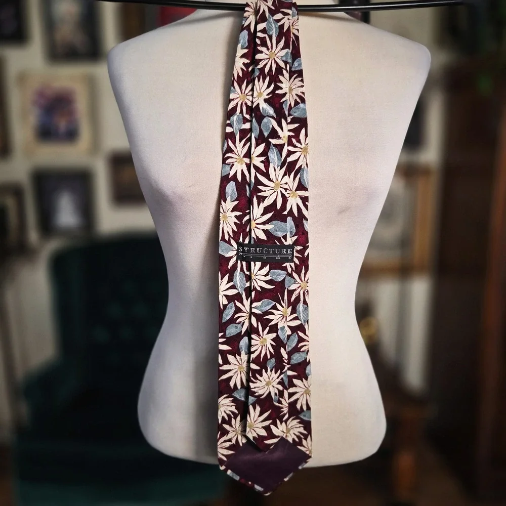 Structure Silk Tie Vintage 90s Floral Burgundy Red Blue Made in USA Men Tie